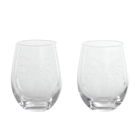 Glass Tumbler | Clear | Palm Print | Set of 2 - Coastal Country Home Decor