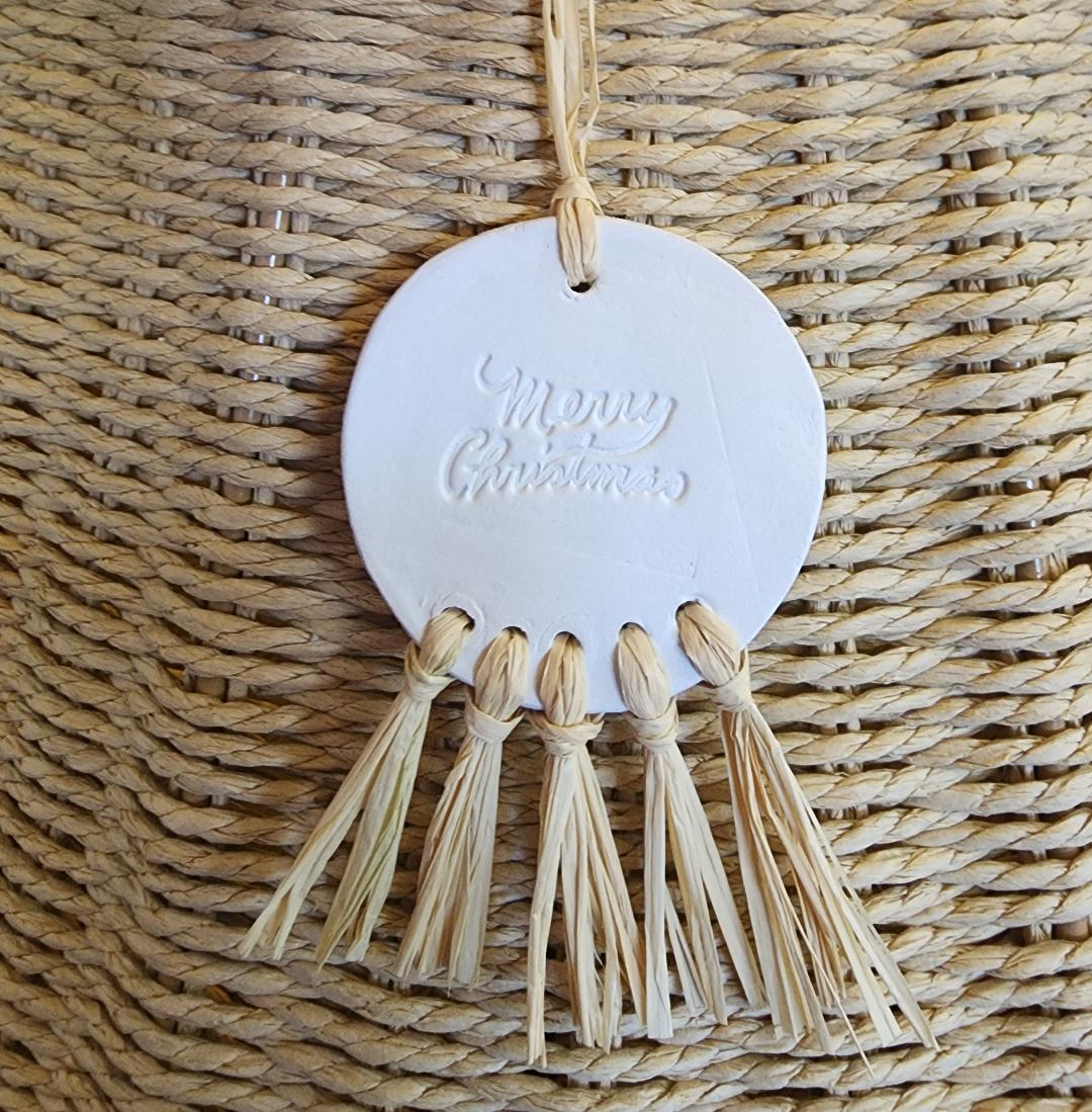 Round Clay Ornament | Raffia Fringe - Coastal Country Home Decor